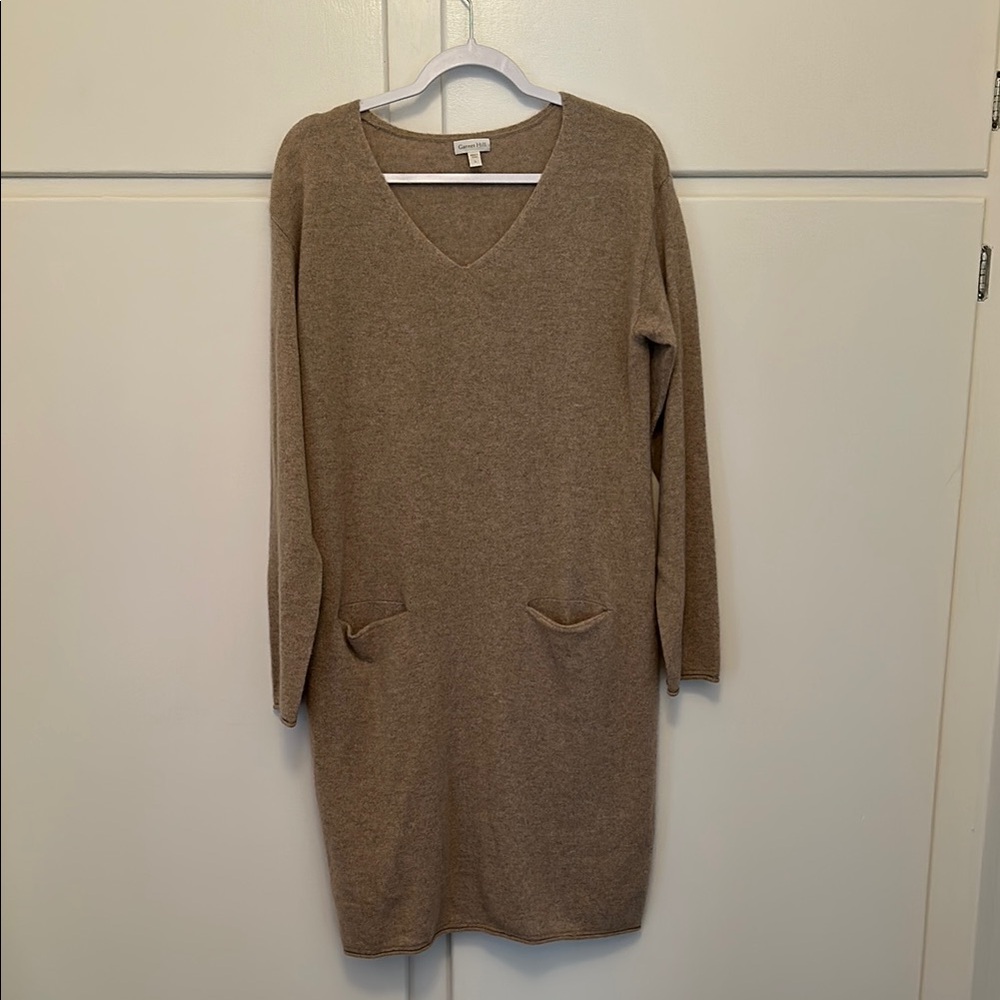 LIKE NEW 100% Cashmere Garnet Hill Cozy Tan V-Neck Sweater Dress